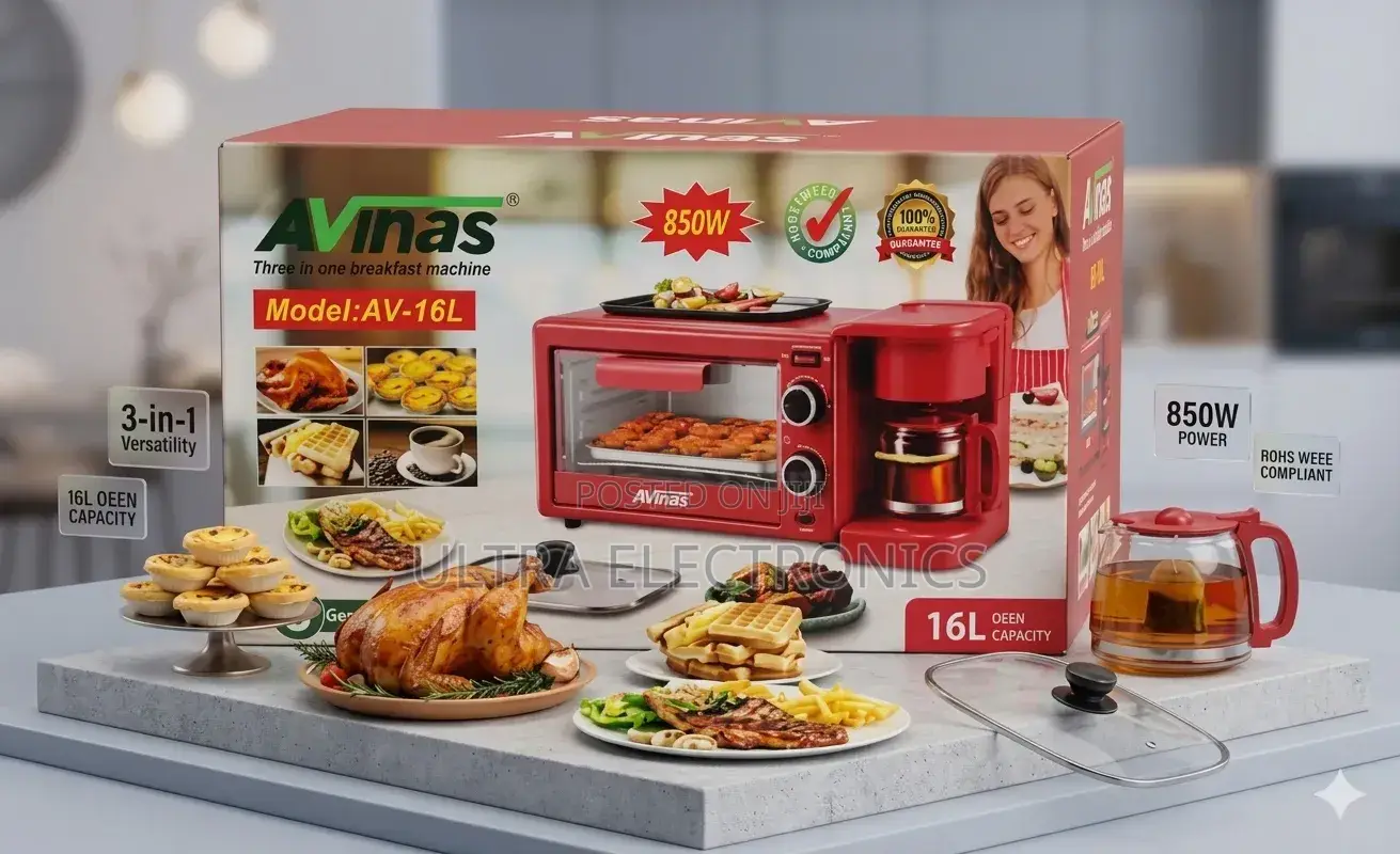 Avinas (Model: Av-16l) የተባለ ባለ 3-በ-1 ቁርስ ማዘጋጃ ማሽን ነው። ማሽኑ የሻይ/ቡና ማፍያ፣