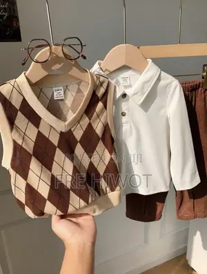 3pcs/Set Baby Boy White Long Sleeve Shirt,Plaid Vest Corduroy Pants