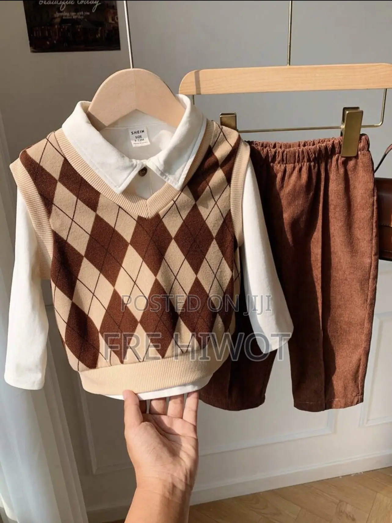 3pcs/Set Baby Boy White Long Sleeve Shirt,Plaid Vest Corduroy Pants