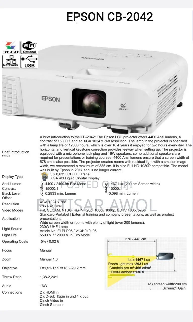 Epson 2042 Full Hd 3lcd Wifi Wireless Cinema Projector 4,400-Lumens