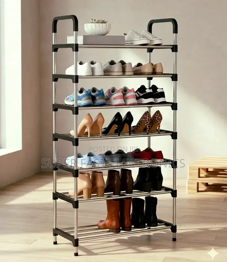 5-Tier Steel Pipe Shoe Rack With Handrail – Multi-Layer Space-Saving