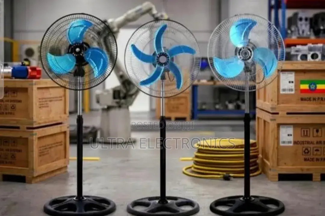 Industrial Pedestal Fans Feature Distinct Bright Blue Blades And