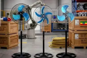 Industrial Pedestal Fans Feature Distinct Bright Blue Blades And