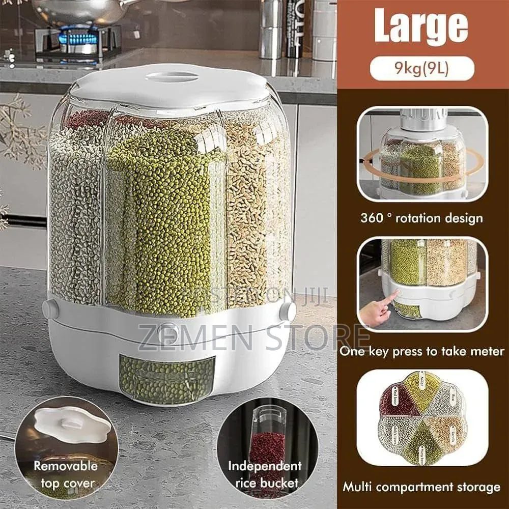 360° Rotating 6-Compartment Cereal Rice Dispenser የጥራጥሬ ማከማቻ