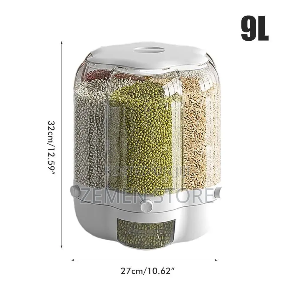 360° Rotating 6-Compartment Cereal Rice Dispenser የጥራጥሬ ማከማቻ
