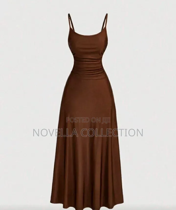 Women's Coffee Brown Ruched Waist Spaghetti Strap Dress