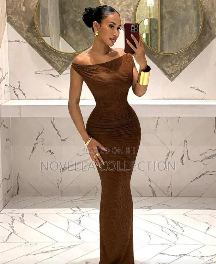 Women's Coffee Brown Asymmetrical Neck Sleeveless Bodycon Dress