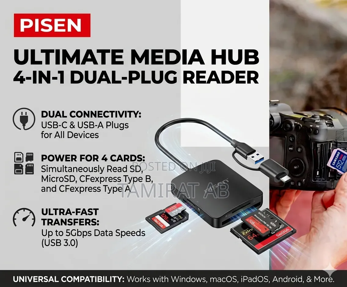 Pisen Usb 3.0 4-in-1 Card Reader for Sd, Microsd/Cf/Tf/Ms + Type C