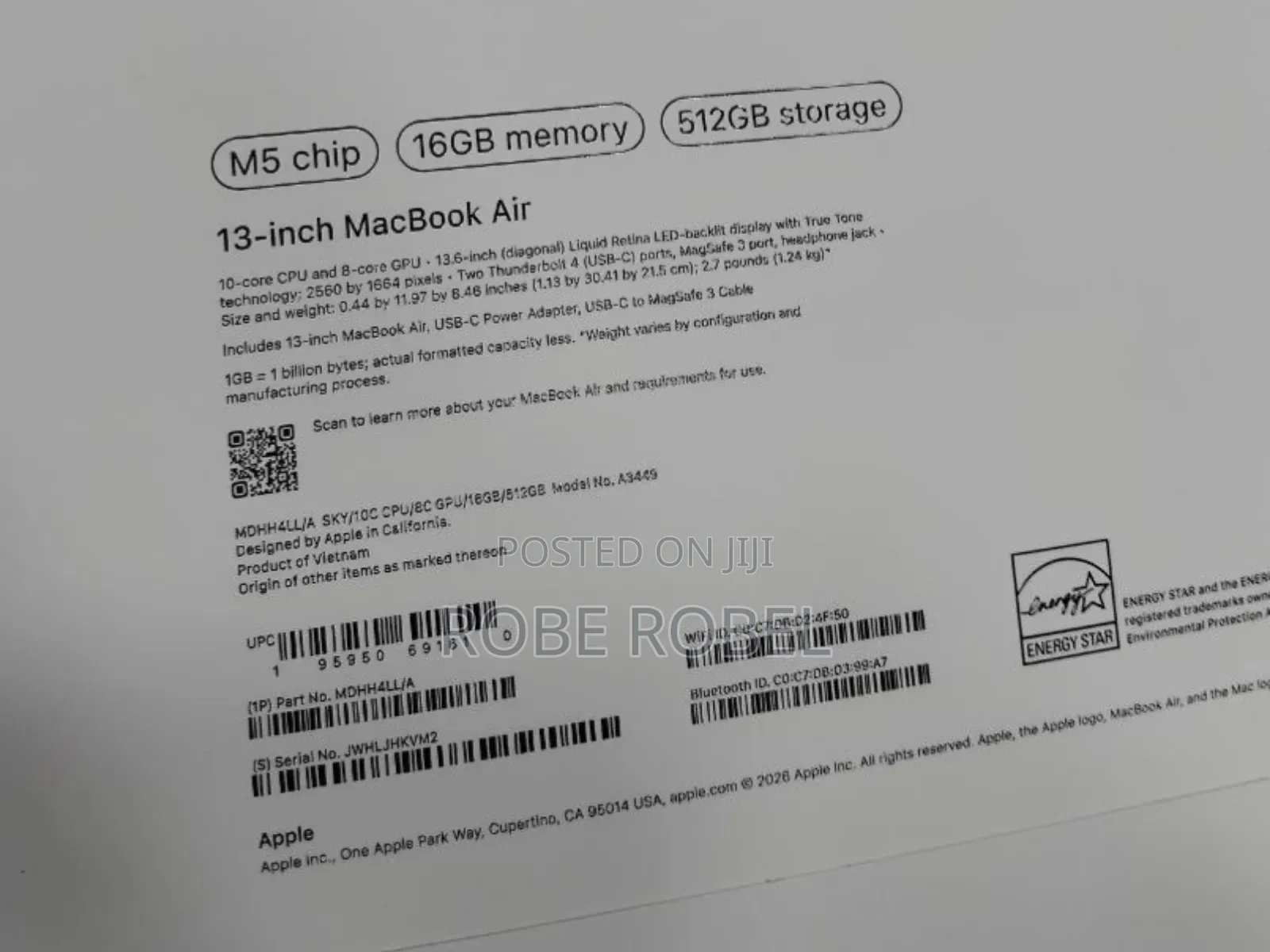 New Laptop Apple MacBook Air 2026 M5 16GB Apple M5 SSD 512GB
