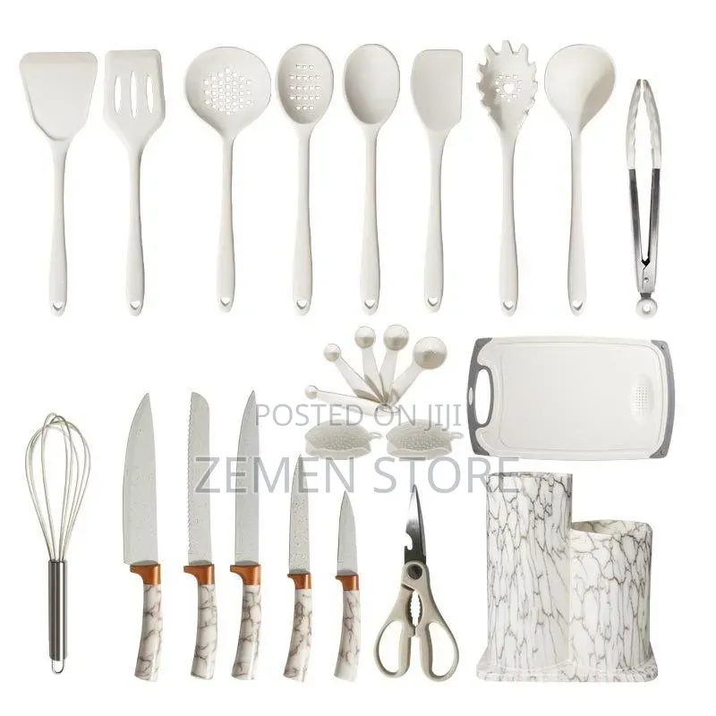 Premium 25-Piece Marble Style Kitchen Utensil Knife Block Set