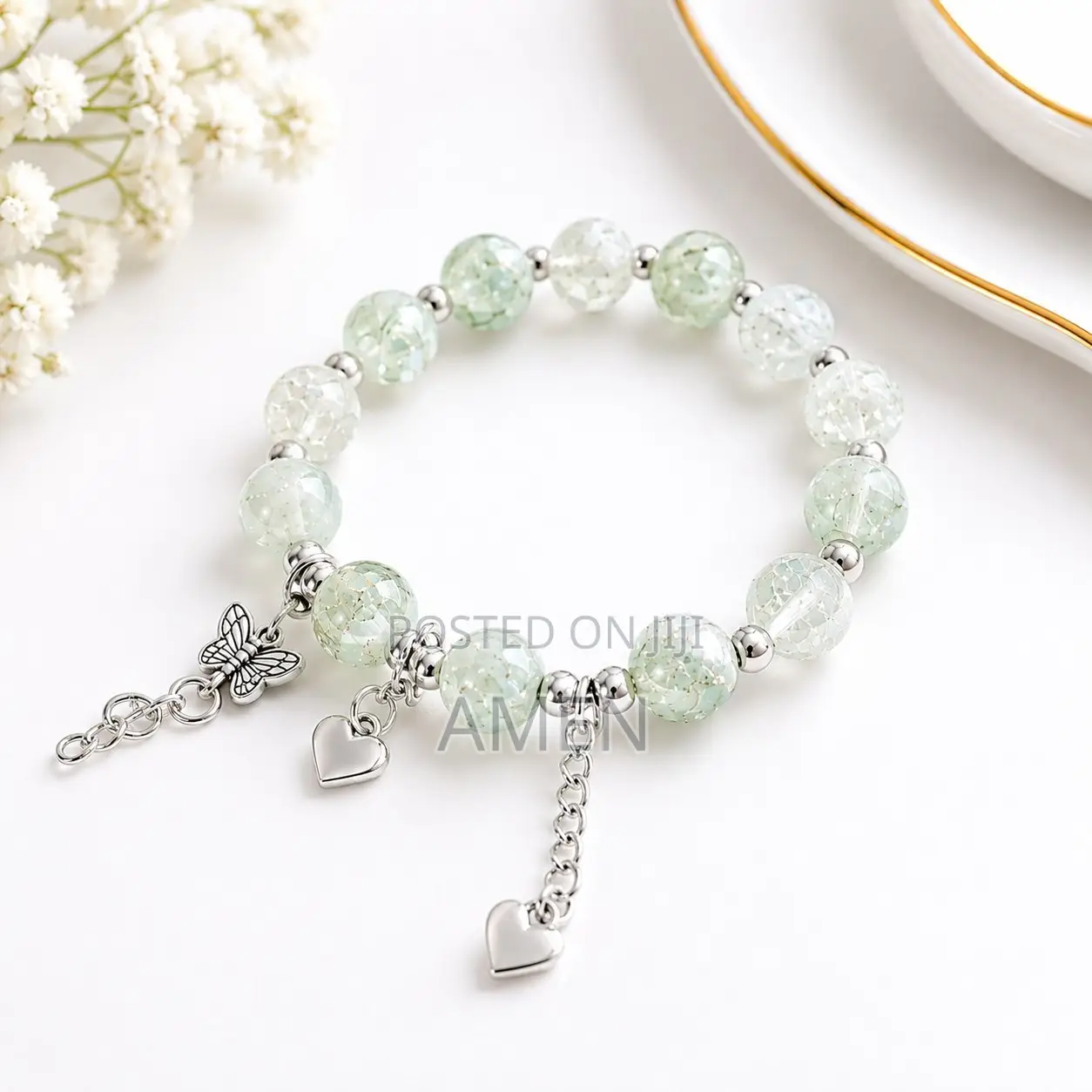 Elegant Mint Green Cracked Glass Beaded Charm Bracelet