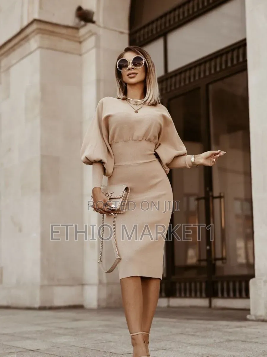 Elegant Midi Dress / Cocktail Dress Champagne-beige Color