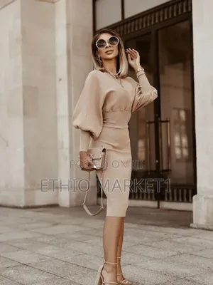 Elegant Midi Dress / Cocktail Dress Champagne-beige Color