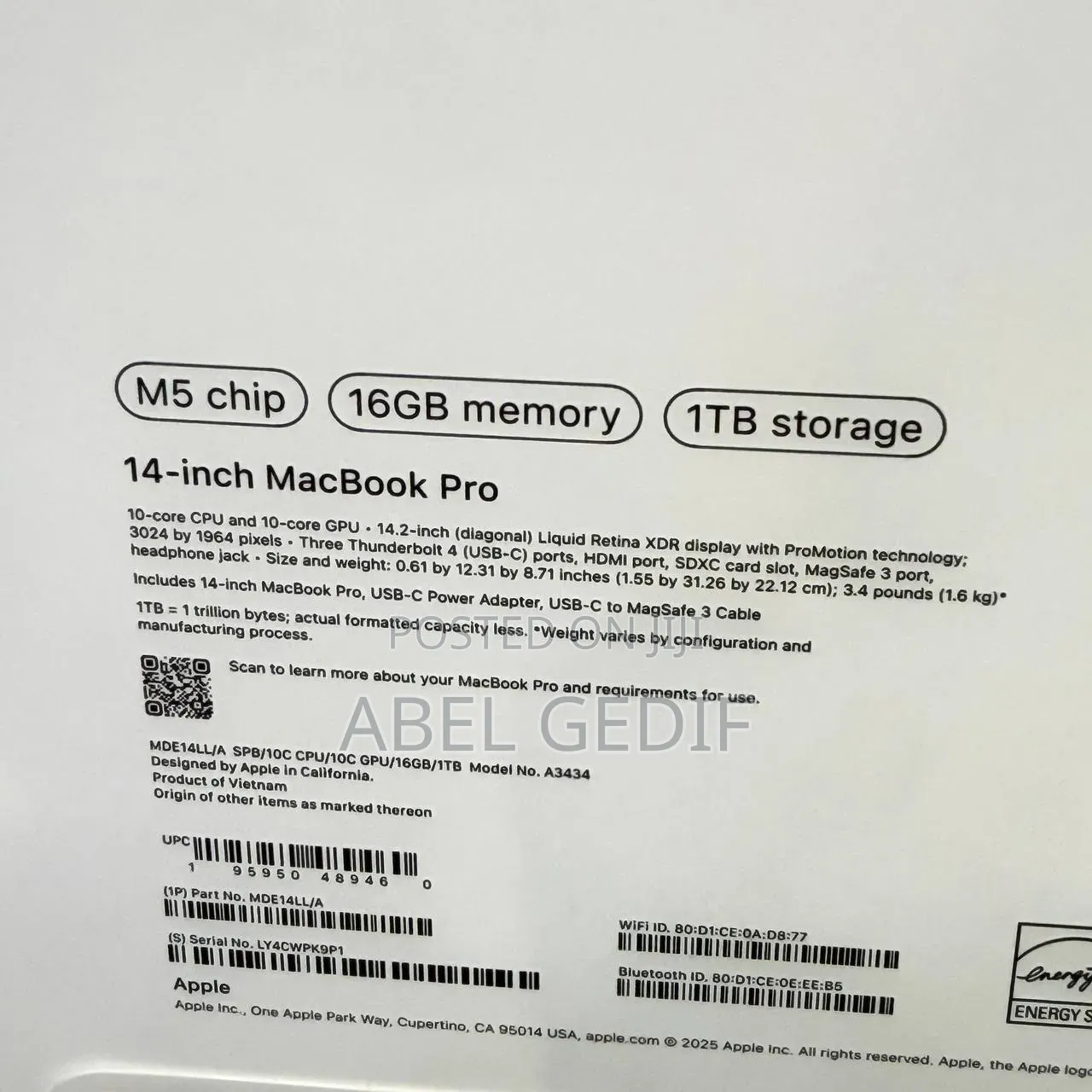 New Laptop Apple MacBook Pro 2025 M5 16GB Apple M5 Pro SSD 1T