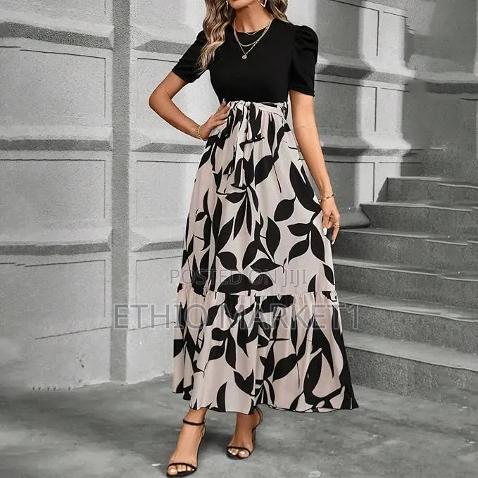 Elegant High-Waisted Printed Tiered Maxi Dress