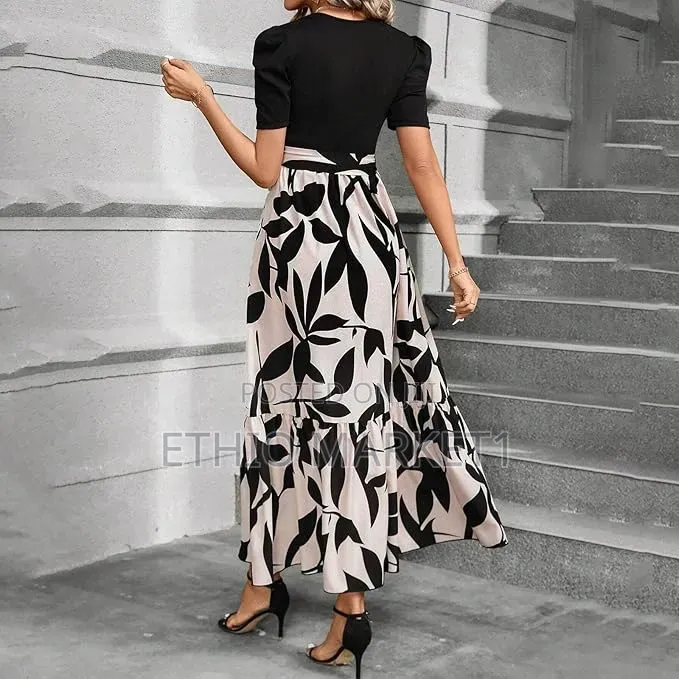 Elegant High-Waisted Printed Tiered Maxi Dress