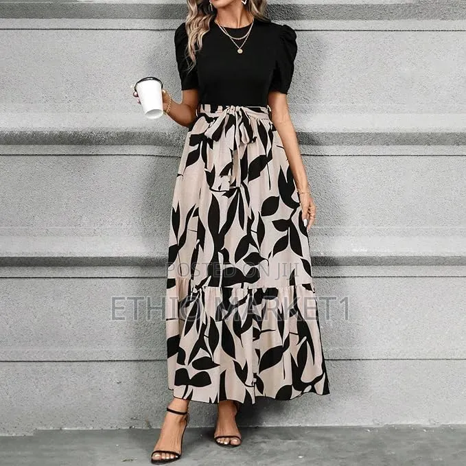 Elegant High-Waisted Printed Tiered Maxi Dress