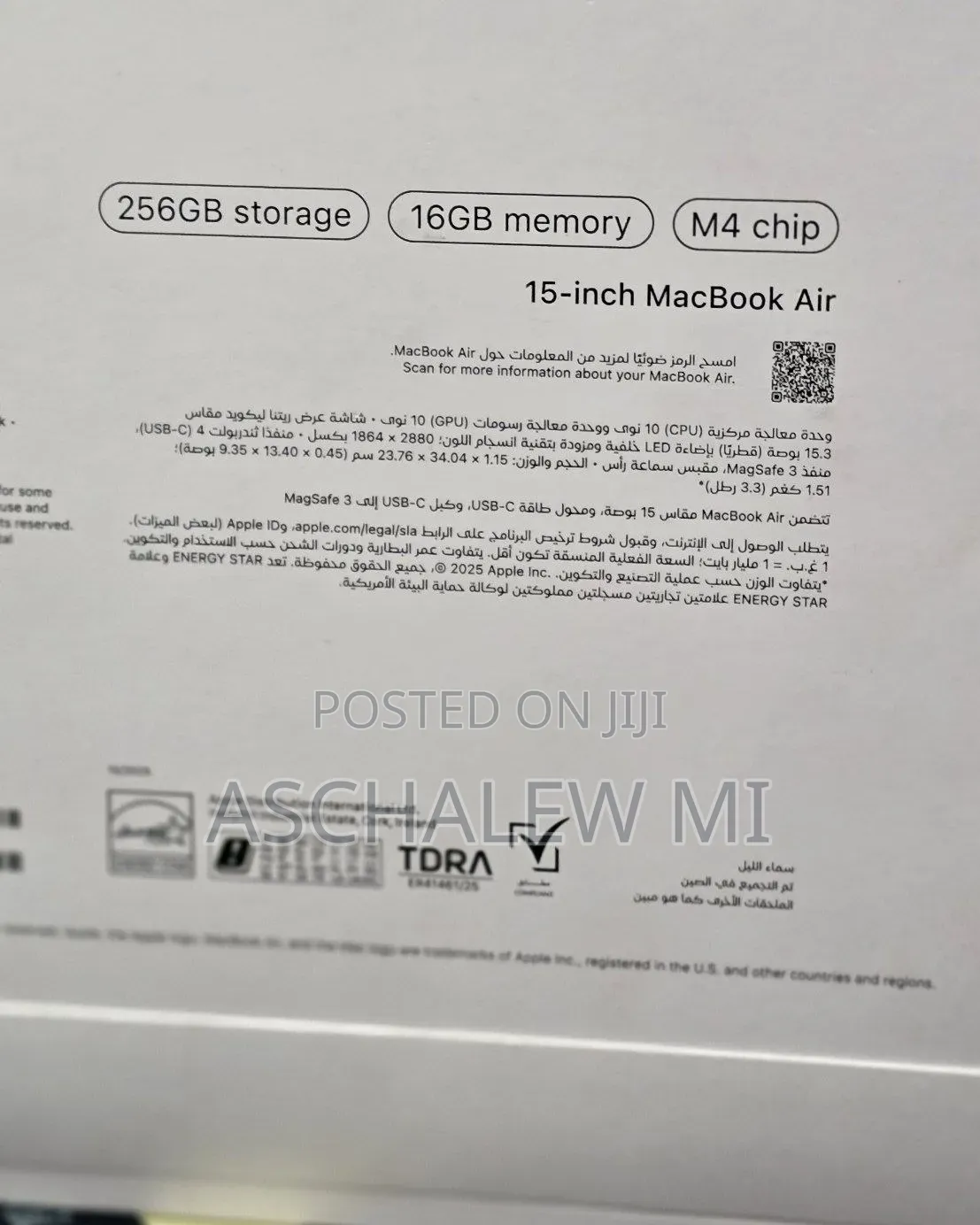 New Laptop Apple MacBook Air 2025 M4 16GB Apple M4 SSD 256GB