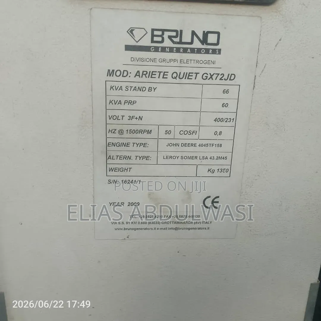 For Sale: Bruno 60 Kva Ultra-Silent Diesel Generator
