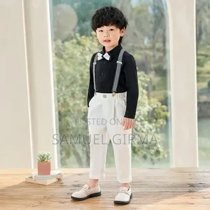 4 Pieces Set Boys Casual Outfit (Shirt, Pant, Bow Tie, Suspender)