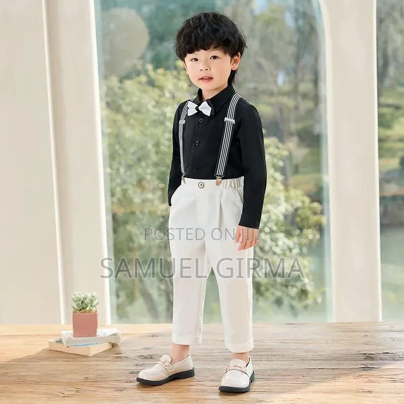 4 Pieces Set Boys Casual Outfit (Shirt, Pant, Bow Tie, Suspender)