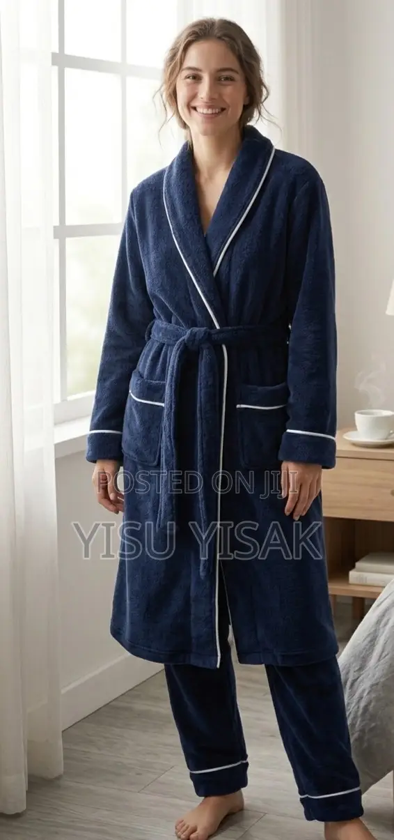 Luxurious Plush Fleece Bathrobe Pajama Set – Navy Blue