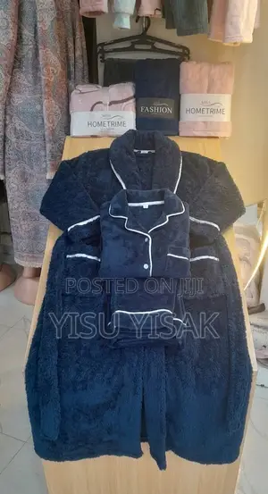 Luxurious Plush Fleece Bathrobe Pajama Set – Navy Blue