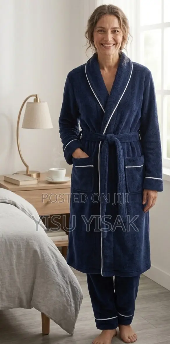 Luxurious Plush Fleece Bathrobe Pajama Set – Navy Blue