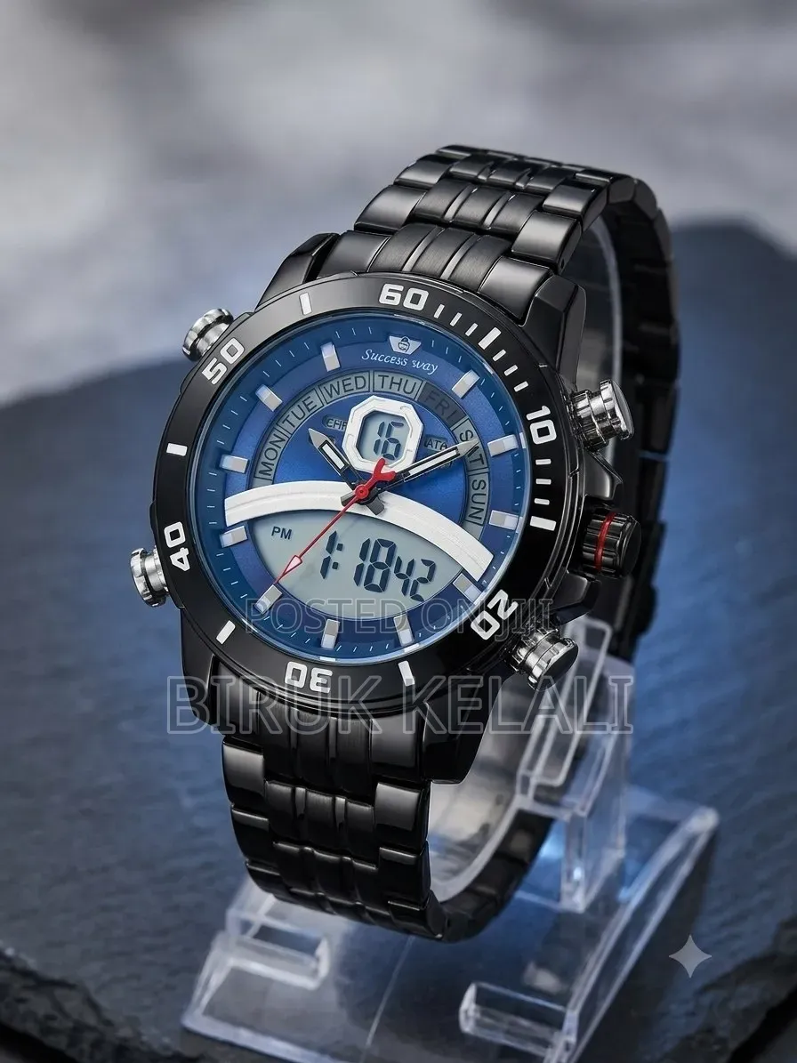 Men's Sports Watch Featuring a Black Stainless Steel Strap