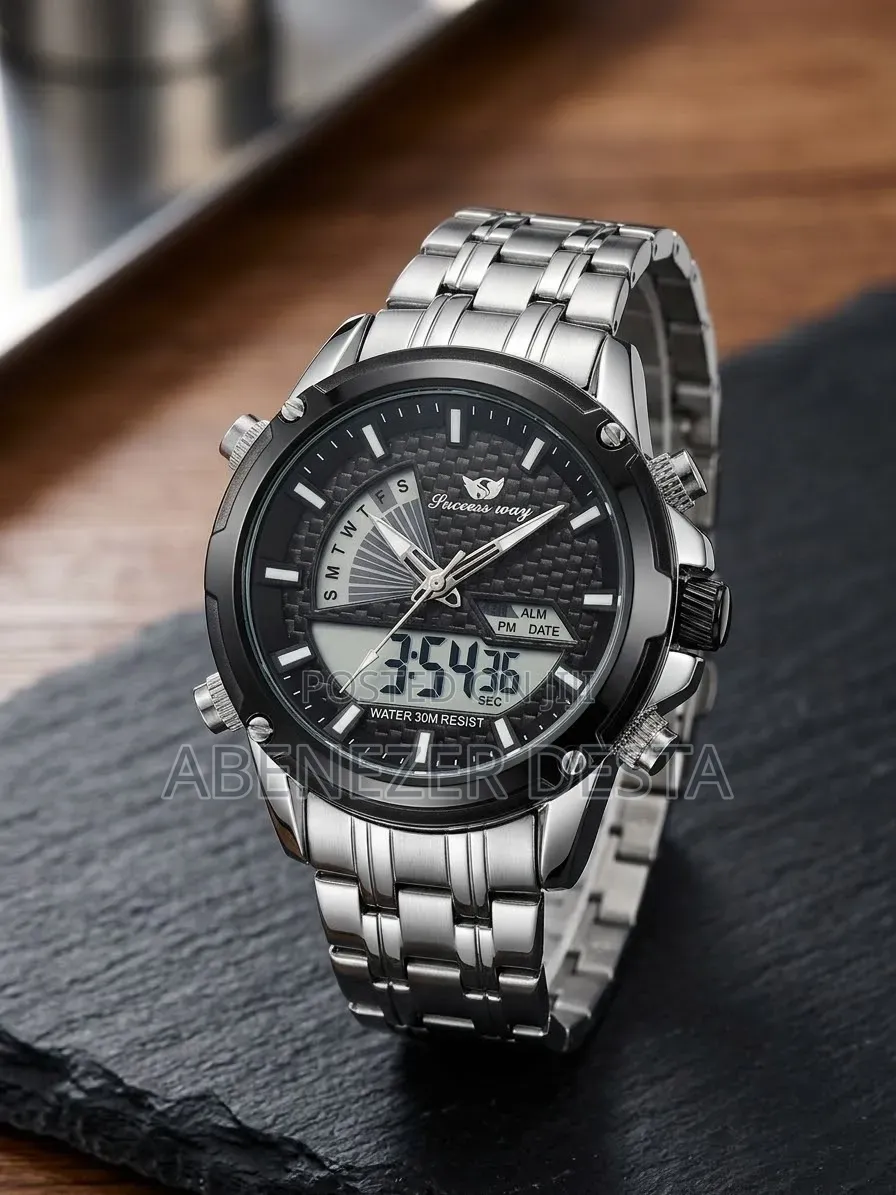Succes-Way Men's Watch Silver Stainless Steel Band Dual Analog-Digital