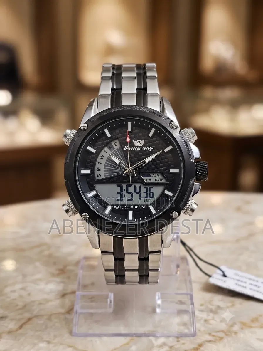 Succes-Way Men's Watch Silver Stainless Steel Band Dual Analog-Digital
