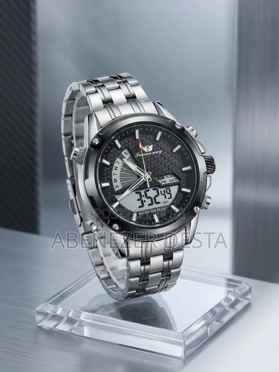 Succes-Way Men's Watch Silver Stainless Steel Band Dual Analog-Digital