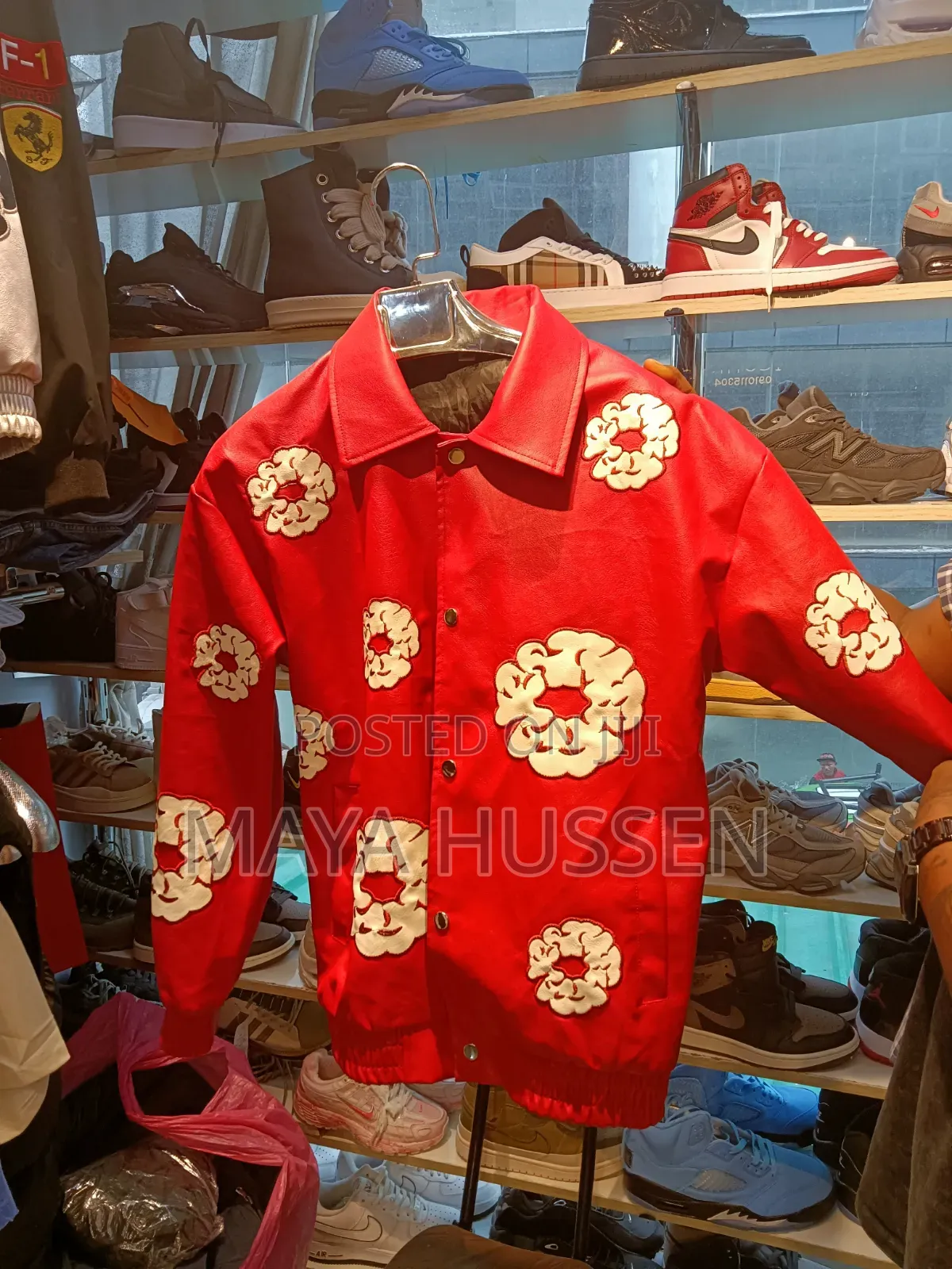 Streetwear Red Leather Jacket With Flower Patches