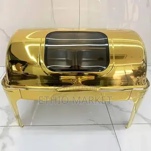 Chafing Dish Rectangular Golden Stainless Steel With Class Window