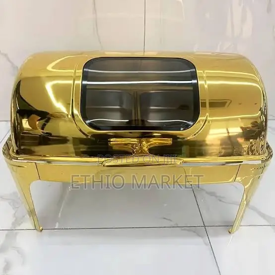 Chafing Dish Rectangular Golden Stainless Steel With Class Window