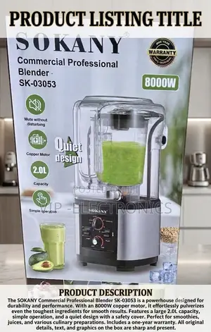Sokany Commercial Professional Blender – 2.0l Heavy-Duty Quiet (8000w