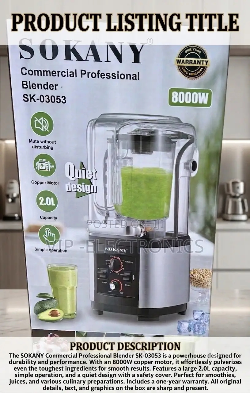 Sokany Commercial Professional Blender – 2.0l Heavy-Duty Quiet (8000w