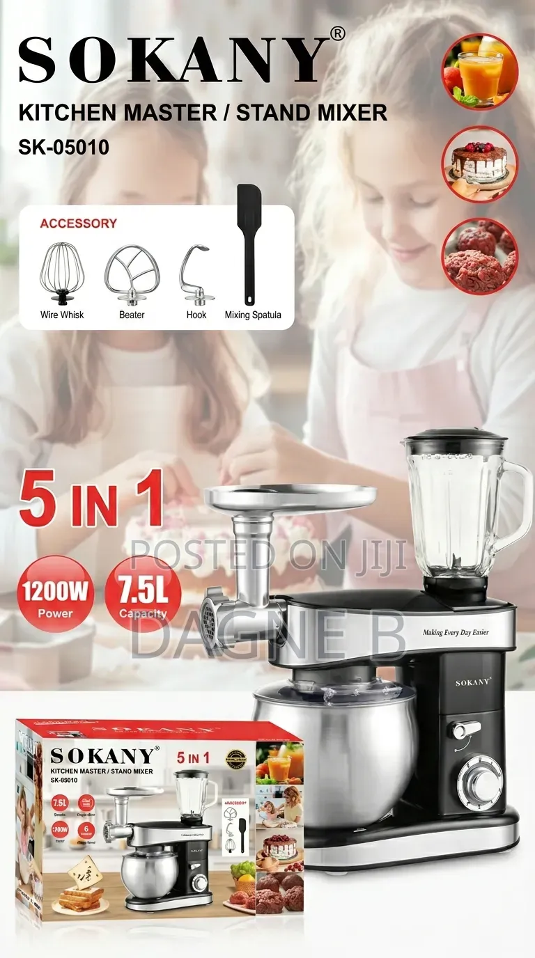 Sokany Sk-05010 Kitchen Master/Stand Mixer የሊጥ ማቡኪያ ጁስ እና ስጋ መፍጫ