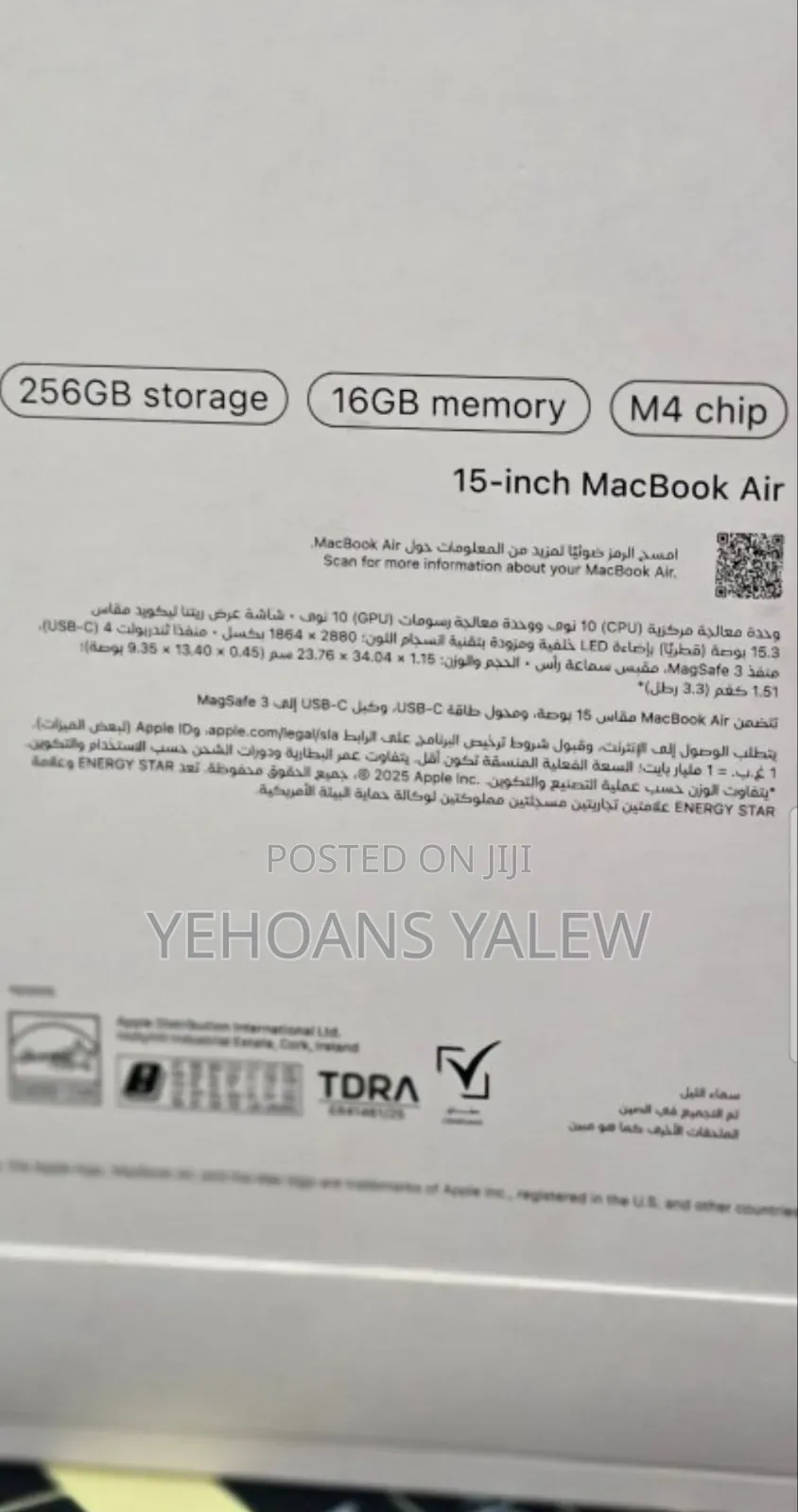 New Laptop Apple MacBook Air 2025 M4 16GB Apple M4 SSD 256GB