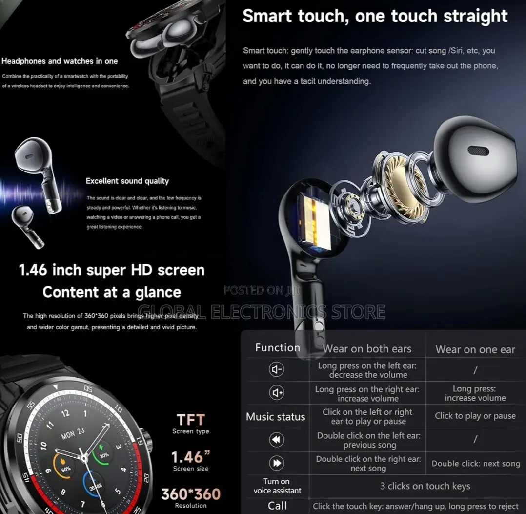 2 in 1 Ultra Sport Smart Watch | Built-in Earbuds + Luxury Tech |