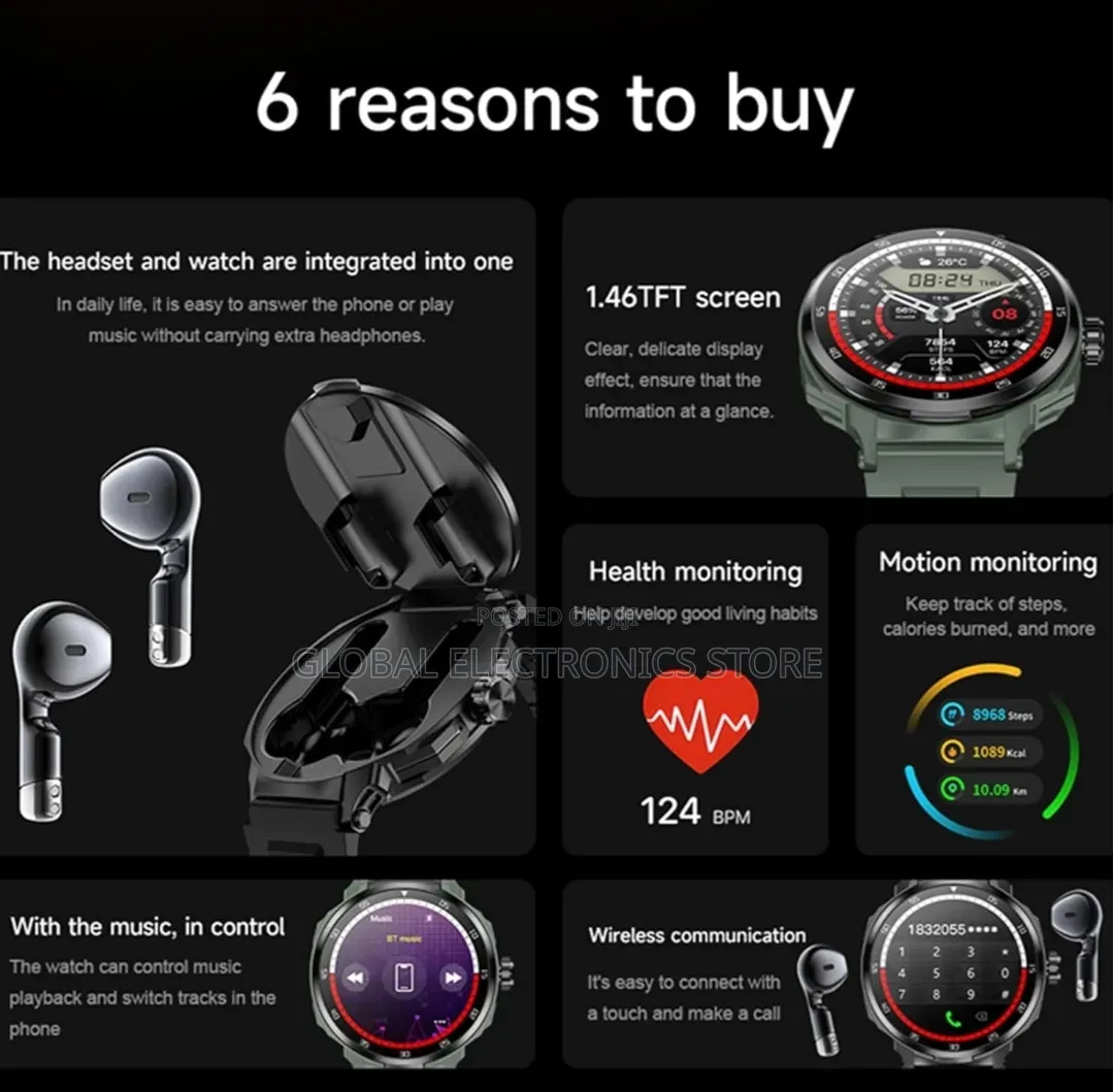 2 in 1 Ultra Sport Smart Watch | Built-in Earbuds + Luxury Tech |