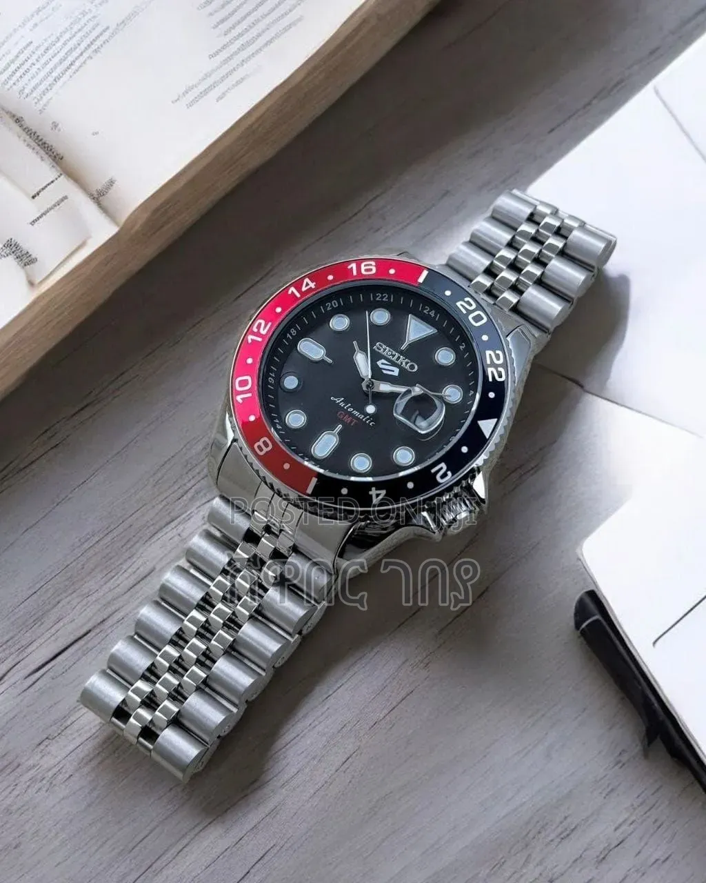 Seiko Automatic Red Black Bezel Black Dial Stainless Steel Watch