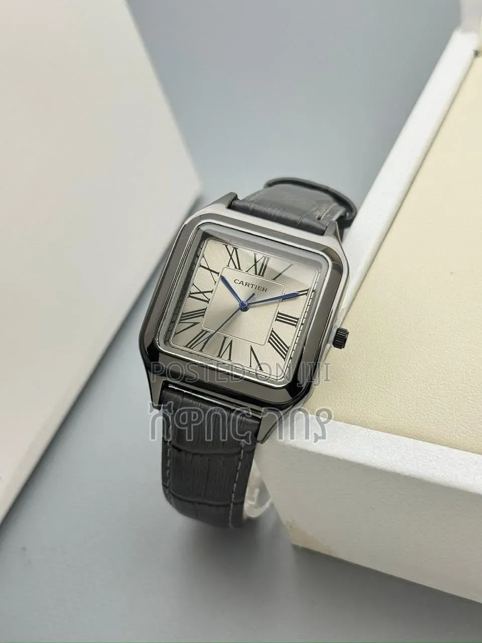 Cartier Square Silver Steel Black Leather Roman Dial Watch