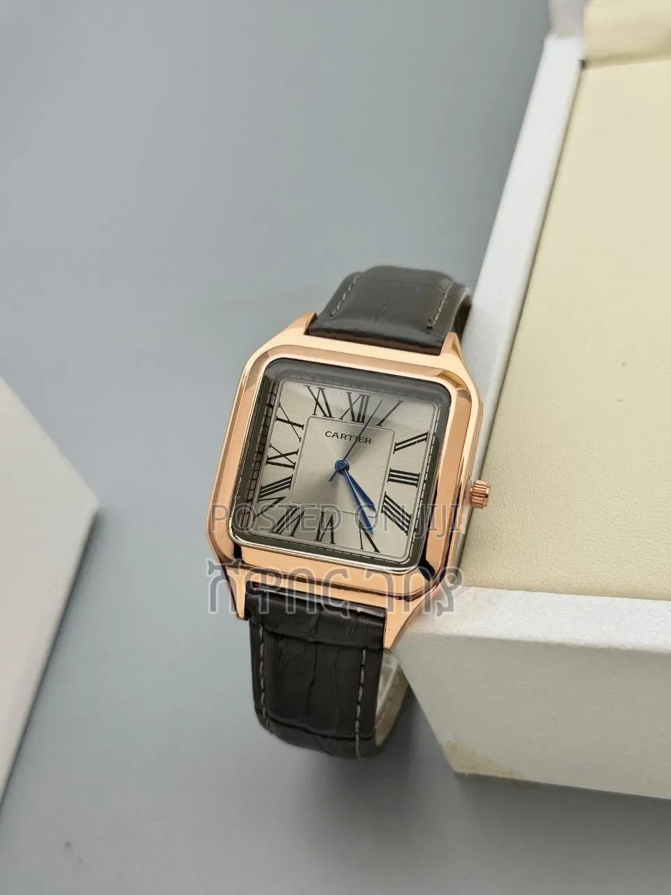 Square Rose Gold Grey Leather Silver Dial Wristwatch by Cartier