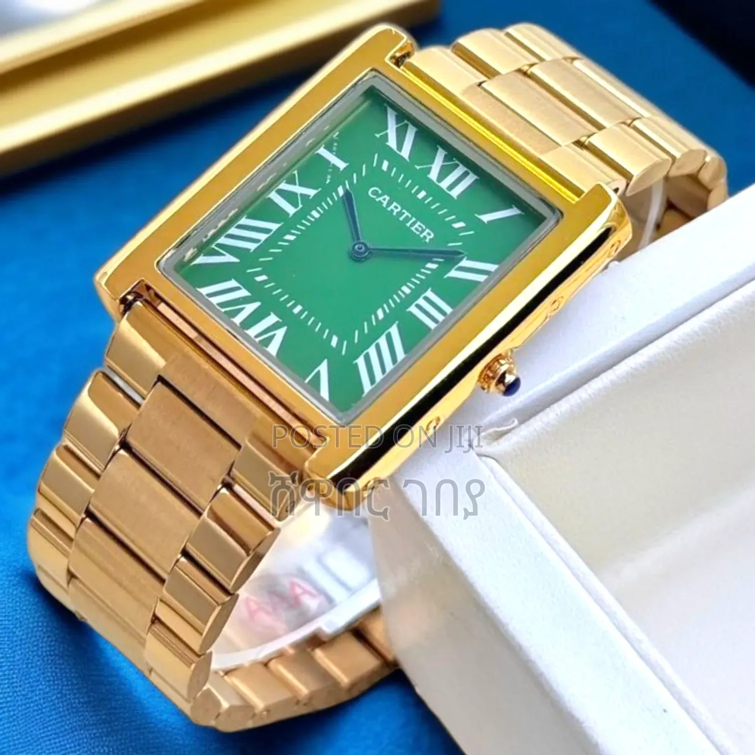 Cartier Tank Française Watch — Gold Case, Green Dial, Roman Numerals