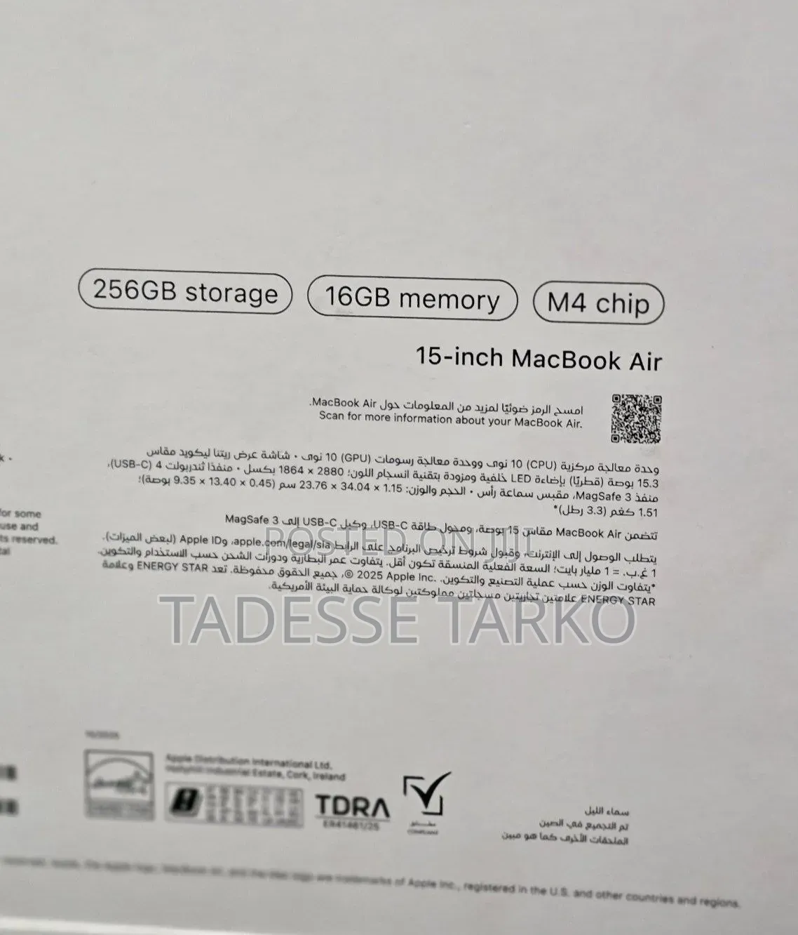 New Laptop Apple MacBook Air 2025 M4 16GB Apple M4 SSD 256GB