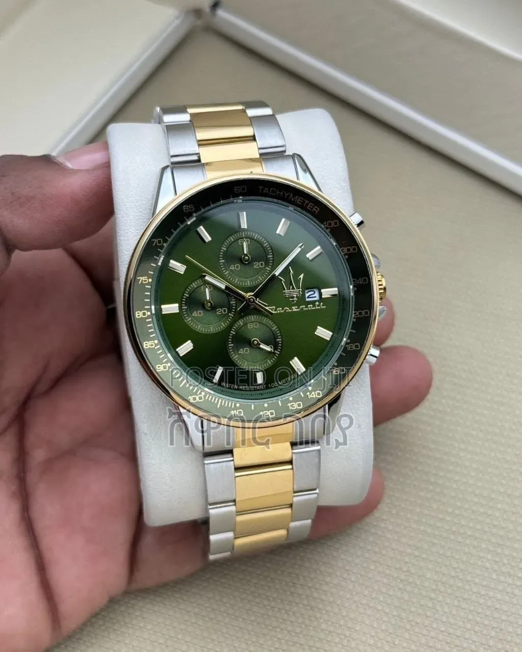 Green Dial Two Tone Gold Silver Stainless Steel Chronograph Watch New