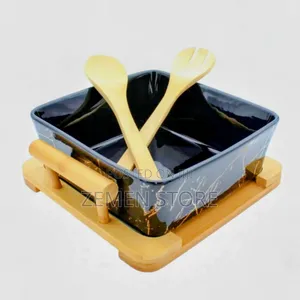 Luxury Ceramic Salad Bowl Set With Bamboo Stand Utensils