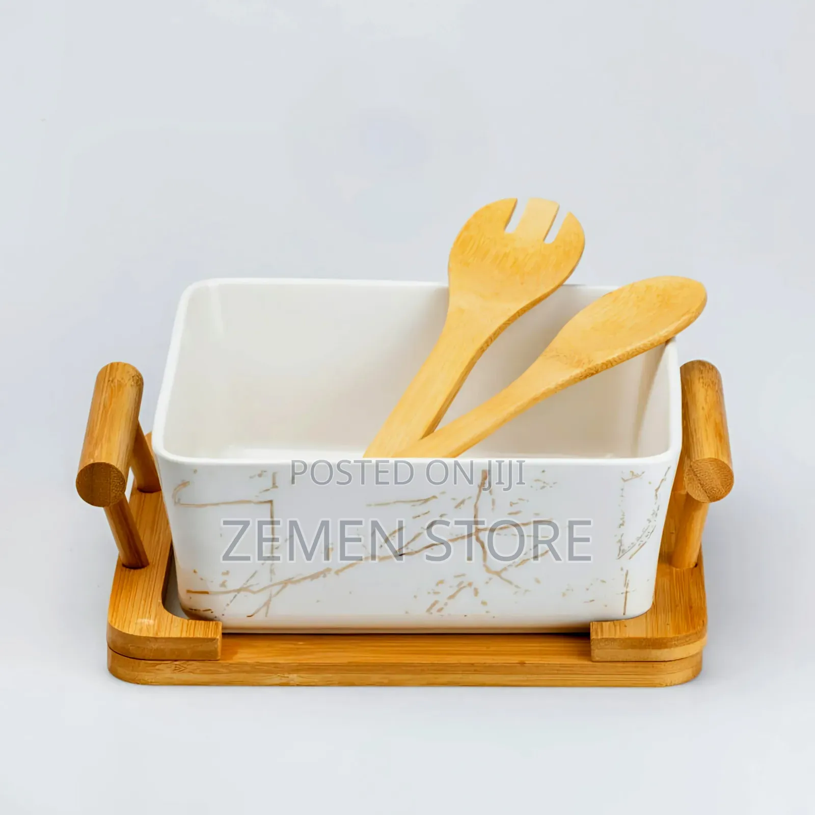 Luxury Ceramic Salad Bowl Set With Bamboo Stand Utensils