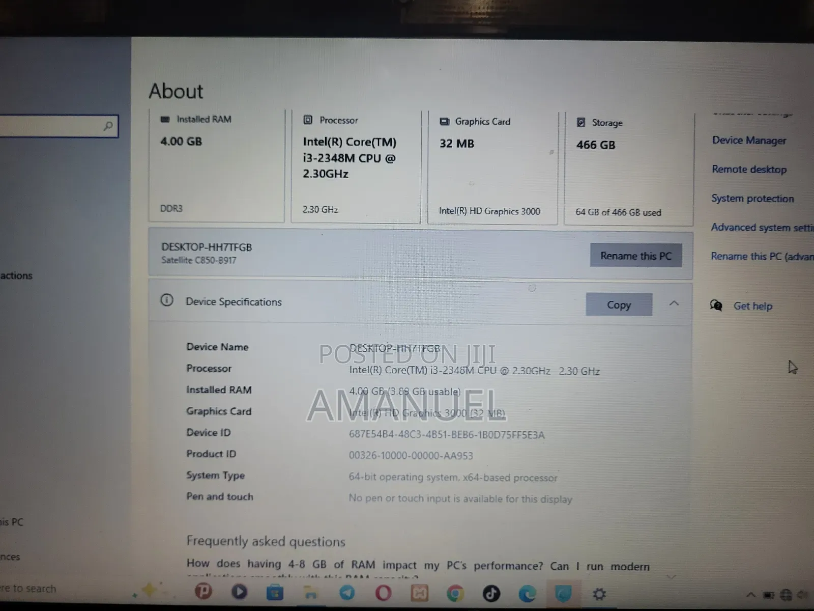 Laptop Toshiba Satellite C850 4GB Intel Core i3 HDD 500GB